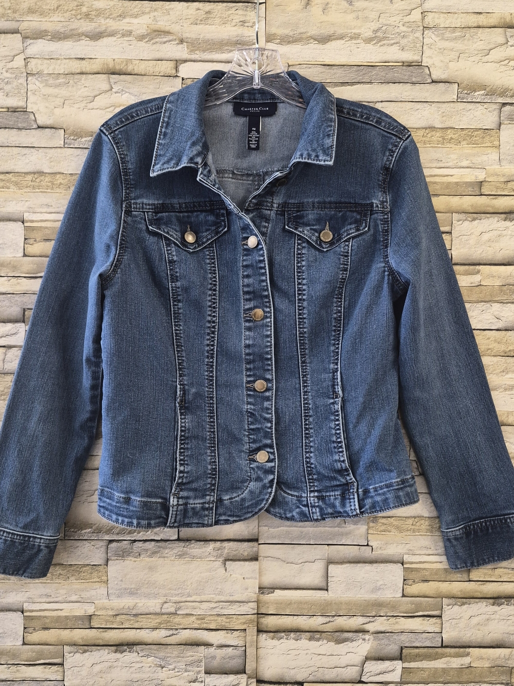 Charter Club Petite Denim Trucker Jacket Womens Sz PM Blue Medium Wash Stretch